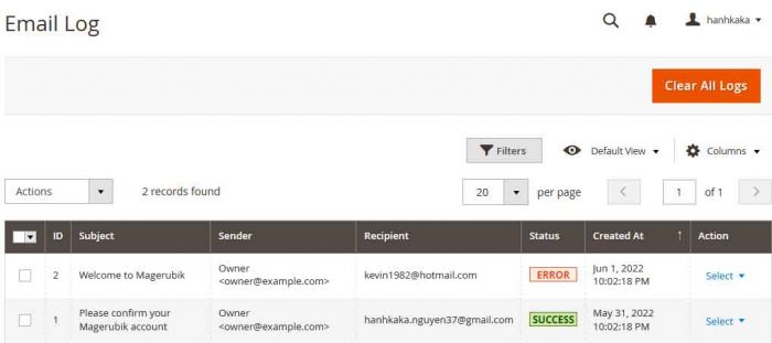 Magento 2 SMTP email log
